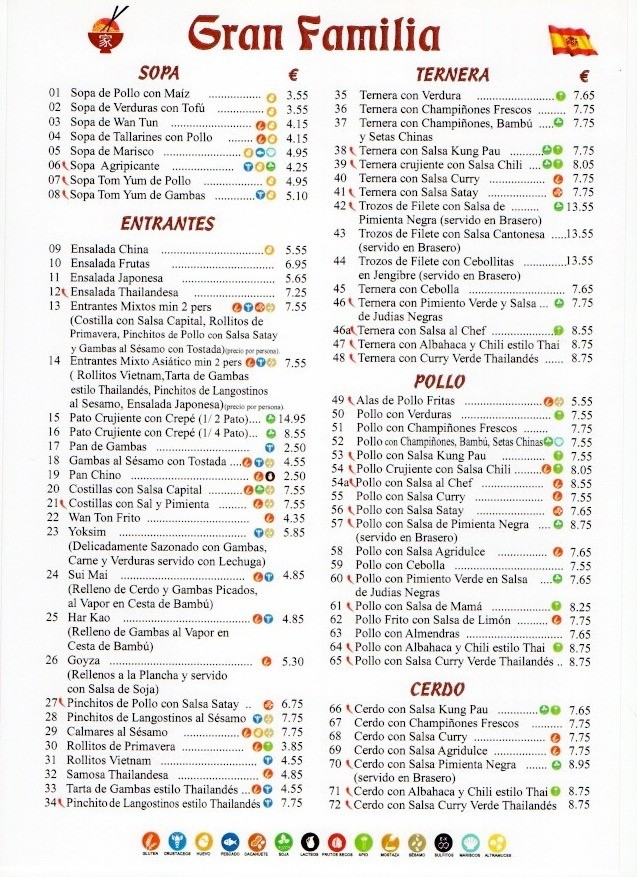 carta en español de restaurante chino gran familia en el camison de comida para llevar en playa de las américas