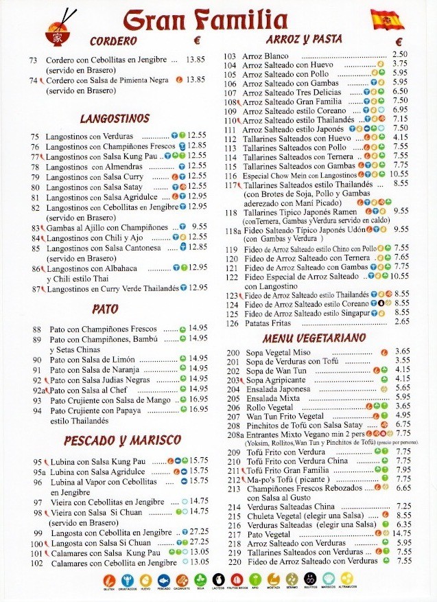 menu en español de restaurante chino gran familia en el camison de comida para llevar en playa de las américas