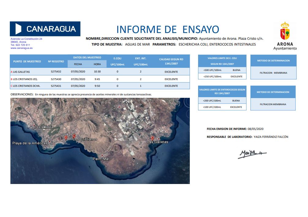 informe del agua del mar arona